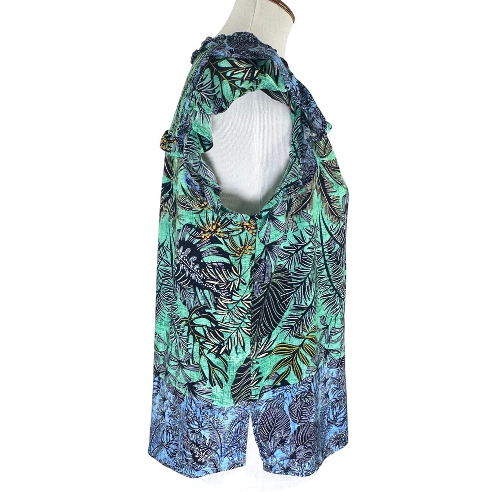 Democracy Tropical Palm Print Smocked Cap Sleeve Top Boho Green Blue Women's M - Picture 4 of 9